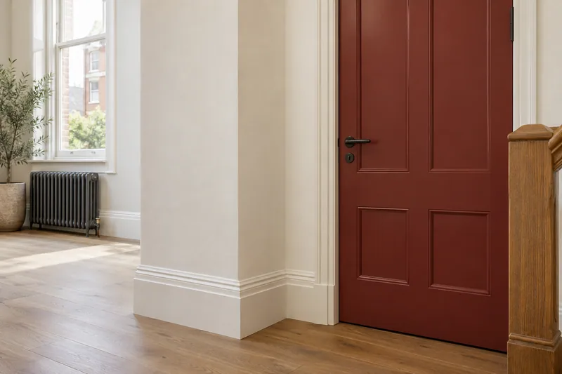 Illustration: Commercial interior with a crisp painted corner, skirting and muted-red door