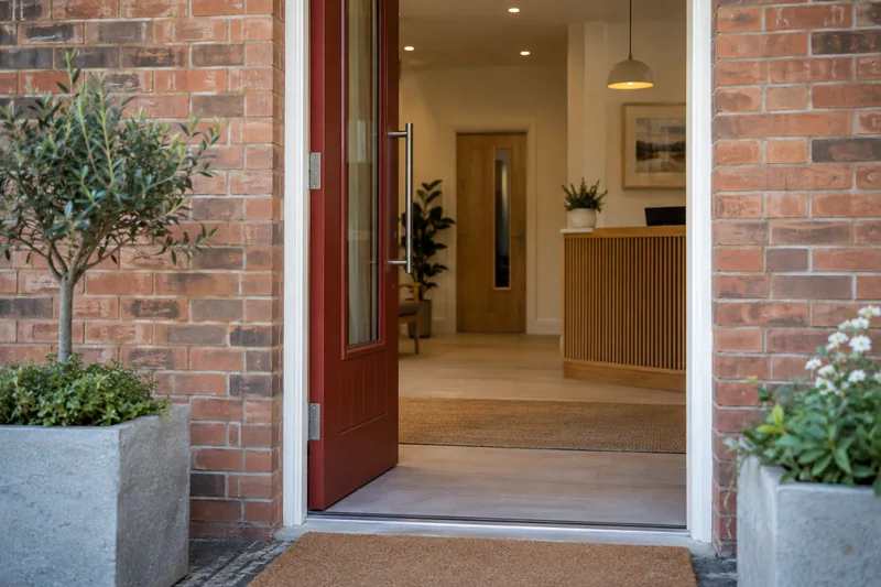 Illustration: Open muted-red door leading into a bright commercial reception