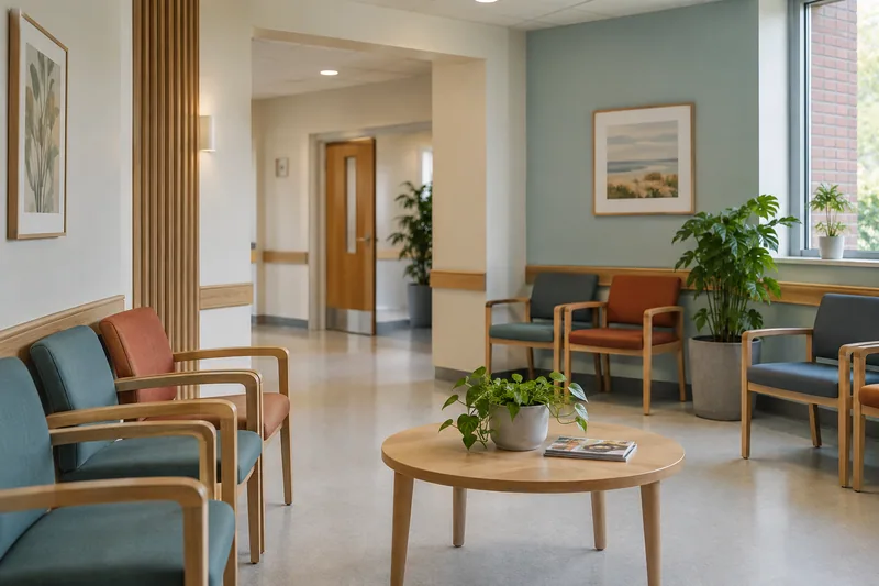Illustration: Generic clinic waiting area with pale blue-green walls and practical seating
