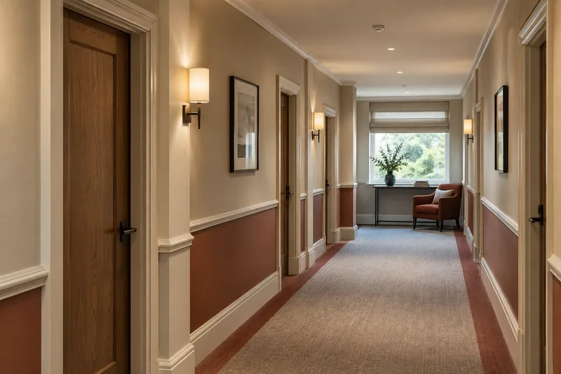 Illustration: Hotel corridor with warm neutral walls, timber doors and finished skirting
