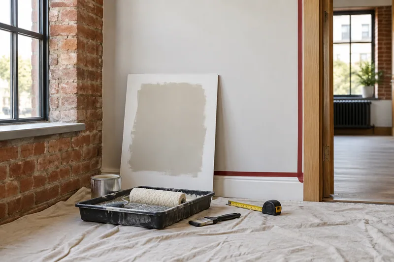 Illustration: Paint sample board and an orderly roller tray beside a masked wall edge