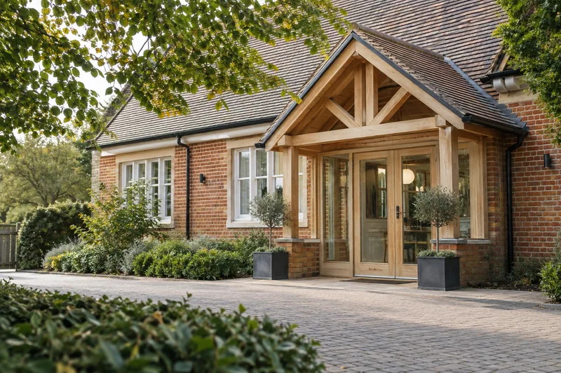 Illustration: Fictional Kent brick property with a timber entrance and mature greenery