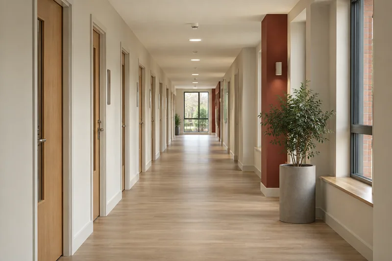Illustration: Commercial corridor with repeating door bays and consistent painted finishes