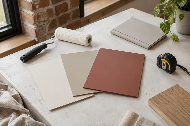 Illustration: Paint sample boards, roller, notebook and tape measure on a work table