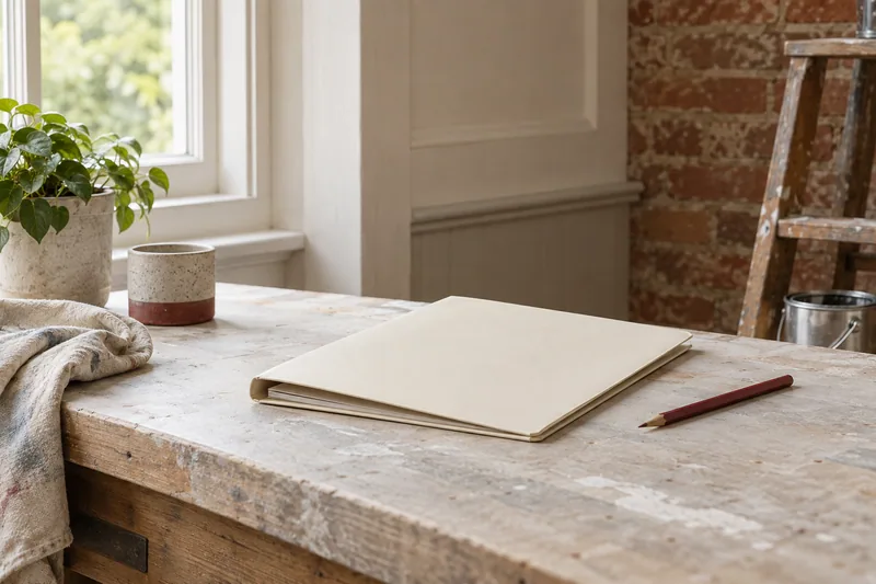 Illustration: Closed cream site folder and a muted-red pencil on a workbench