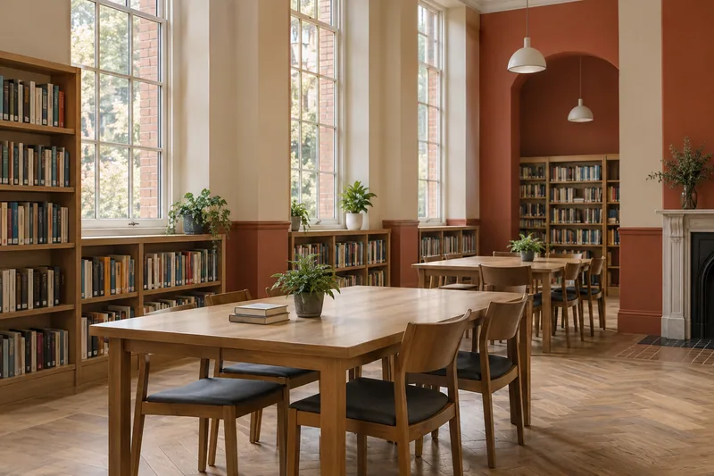Illustration: Civic library interior with tall windows, timber reading tables and painted walls